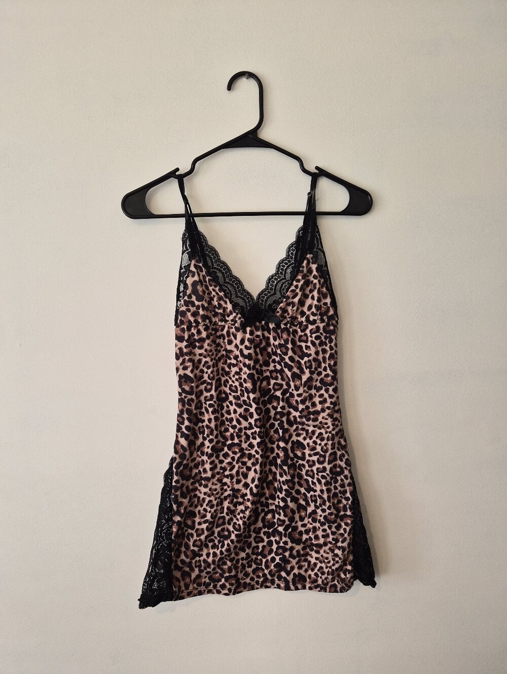 Leopard Print Lace Trim Slip Dress in Beige and Black